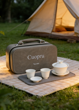 Cuopru Portable Travel Tea Set, 5-Piece White Porcelain Gaiwan Tea Set with Carry Case