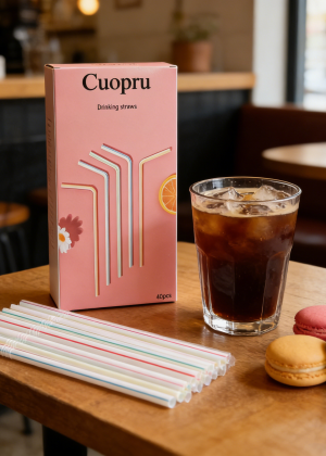 Cuopru 40PCS Flexible Drinking Straws, Disposable Bendable Plastic Straws with Color Stripes